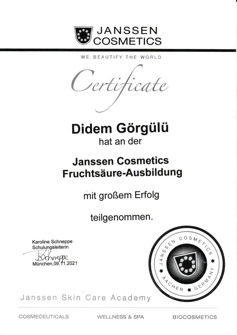 abbildung-zertifikat-janssen-cosmetics-fruchtsäure-ausbildung-mit-grossem-erfolg-teilgenommen